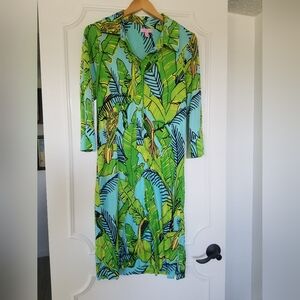 Lilly Pulitzer Tropical Banana Leaf Bird Print 100% Silk Dress 14